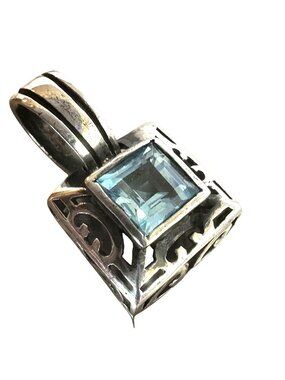 Sterling Silver Pendant With Square Blue Topaz & Cutout Design Signed SE